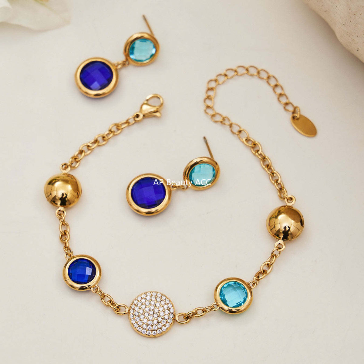 D관 - 스테인리스 스틸 풀 큐빅 글라스 스톤 18K도금 팔찌 귀걸이 [TXE508] 25.12-1