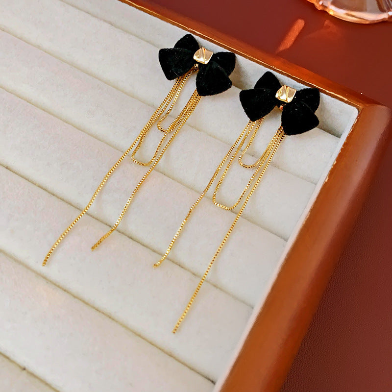 C관 - 순금 도금 은침 벨벳 리본 태슬 귀걸이 우아한 레트로 귀걸이 [E18503] 24.01-3