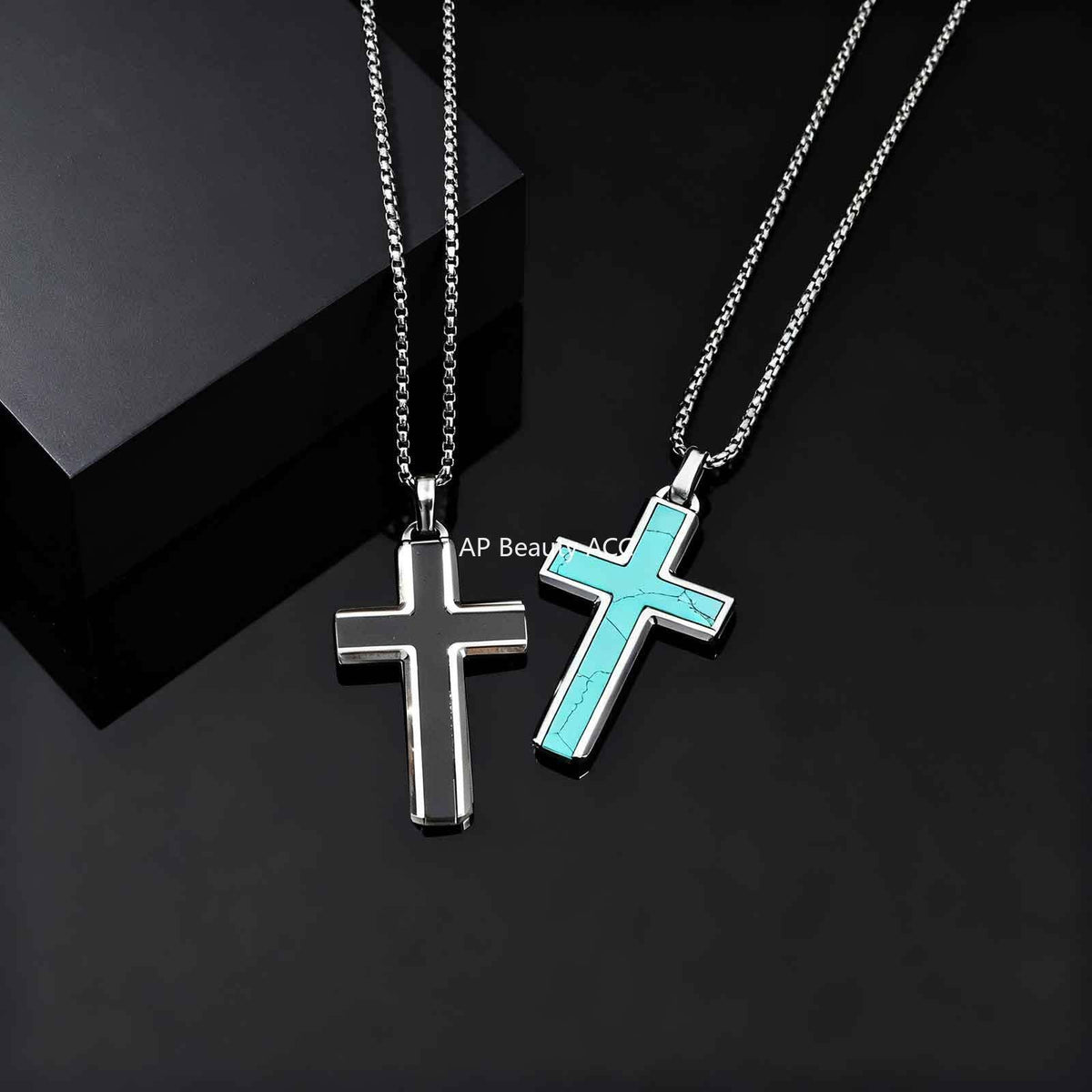 G관 - 스테인리스 스틸 십자가 터키석 호안석 펜던트 목걸이 [PN-2224] 25.12-2