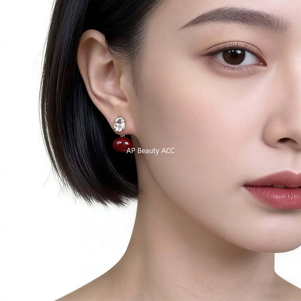 C관 - 와인 레드 큐빅 비대칭 925 은침 귀걸이 [7227] 25.12-2