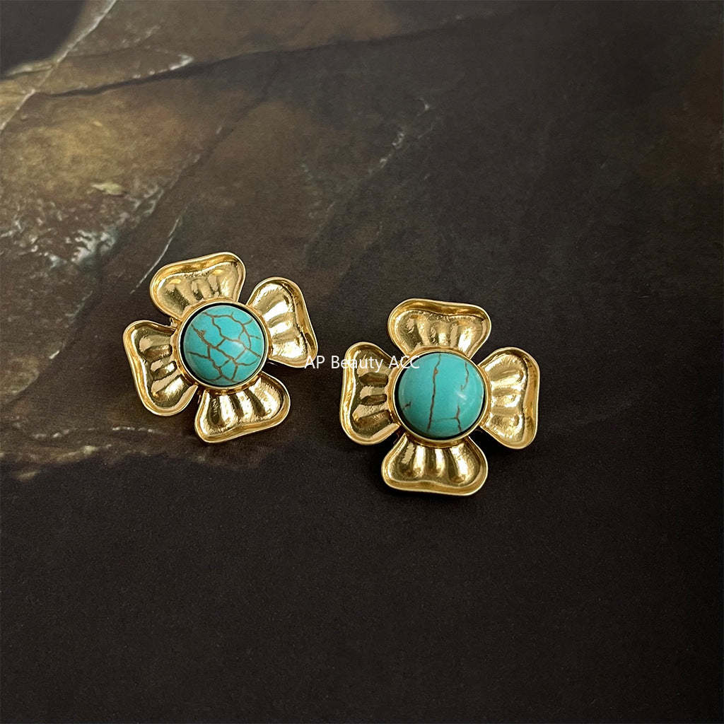 C관 - 프렌치 스타일 합성 터키석 무광 14K 도금 은침 귀걸이 [4311] 24.06-4