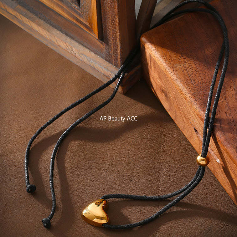 D관 - 티타늄 스틸 블랙 스트랩 하트 펜던트 레트로 롱 목걸이 [P1838] 24.06-4