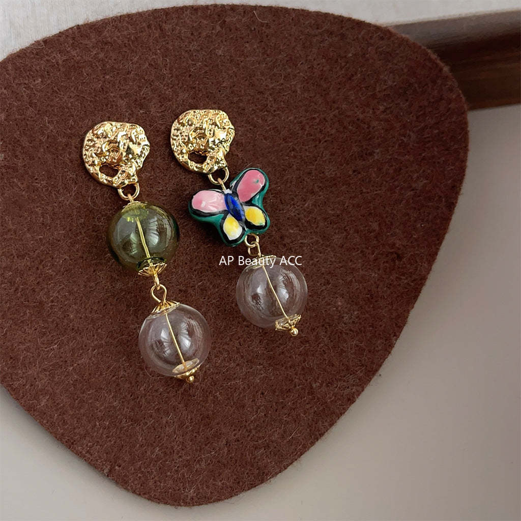 C관 - 원조 디자인 예술적인 불규칙 유리 기포 세라믹 나비 14K 도금 귀걸이 [3832] 24.04-4