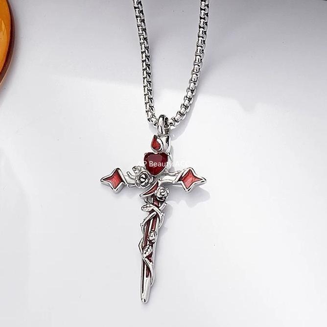 G관 - 큐빅 가시장미 십자가 하트 플라워 목걸이 [X1188] 25.10-1