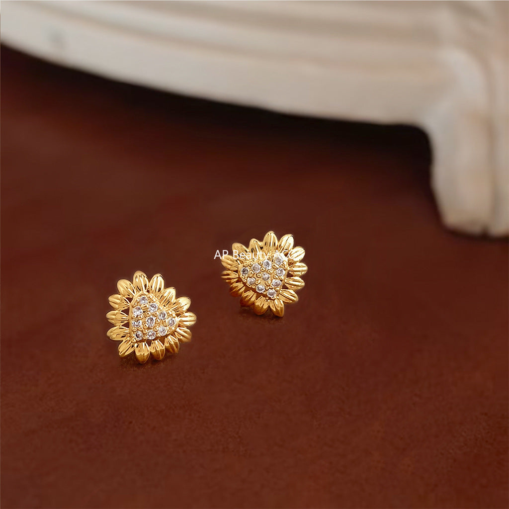 C관 - 14K 도금 미니 하트 해바라기 큐빅 은침 귀걸이 [5766] 25.04-1