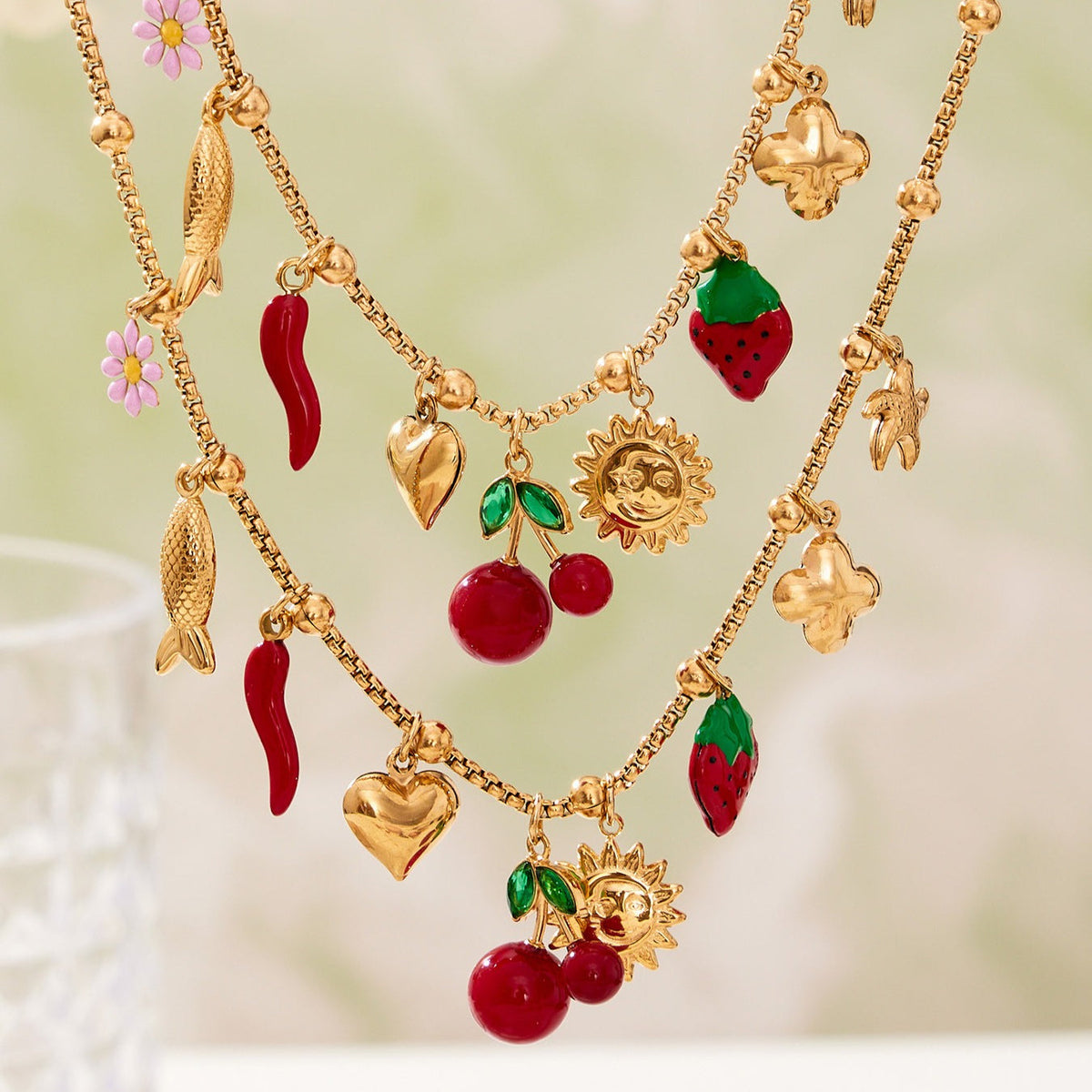 D관 - 18K 도금 스테인리스 스틸 체리 플라워 펜던트 목걸이 팔찌 [TXP449] 25.10-4