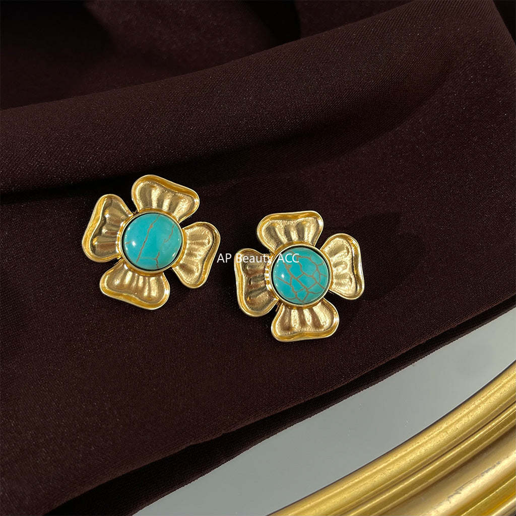 C관 - 프렌치 스타일 합성 터키석 무광 14K 도금 은침 귀걸이 [4311] 24.06-4