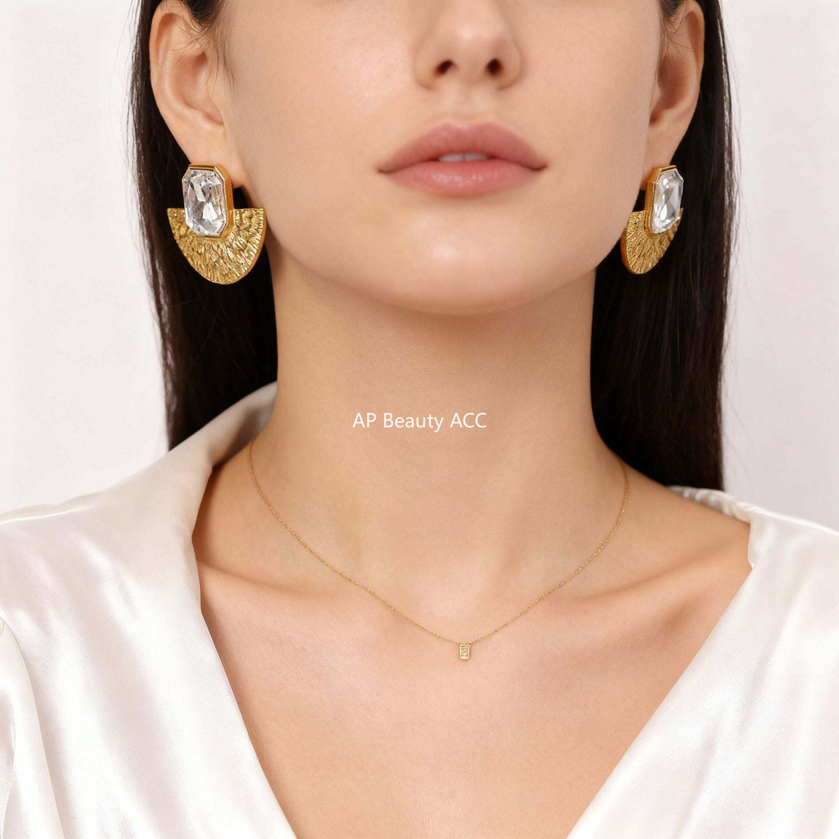 D관 - 스테인리스 스틸 글라스 스톤 부채 모양 귀걸이 목걸이 [F1153-P1690] 25.12-1