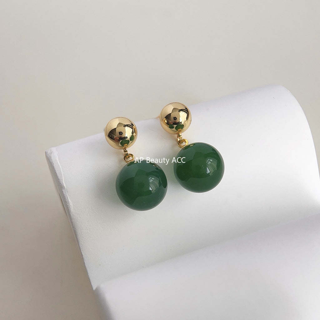 C관 - 업그레이드 14K 도금 자연석 그린 마노 고급스러운 원형 귀걸이 [3898] 24.04-4