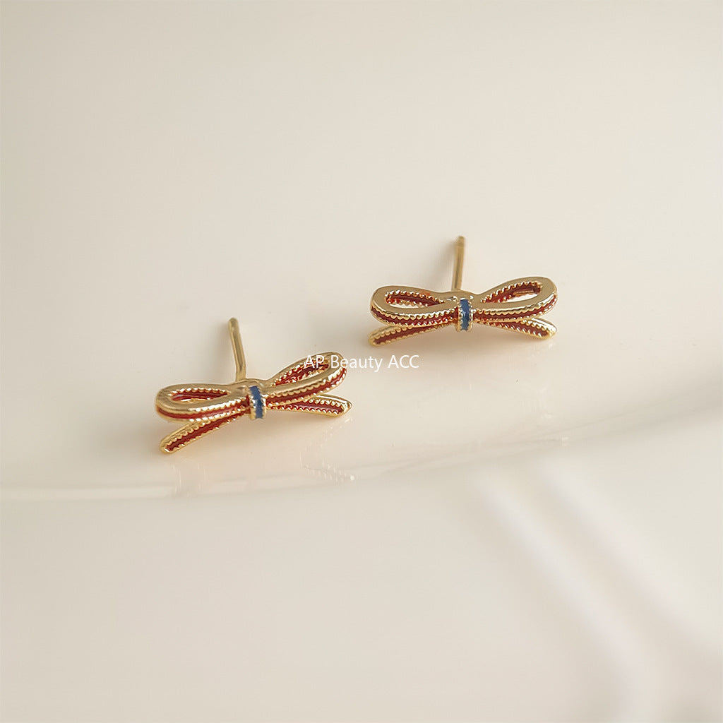 C관 - 925 은침 미니 와인 레드 리본 귀걸이 [6909] 25.10-2