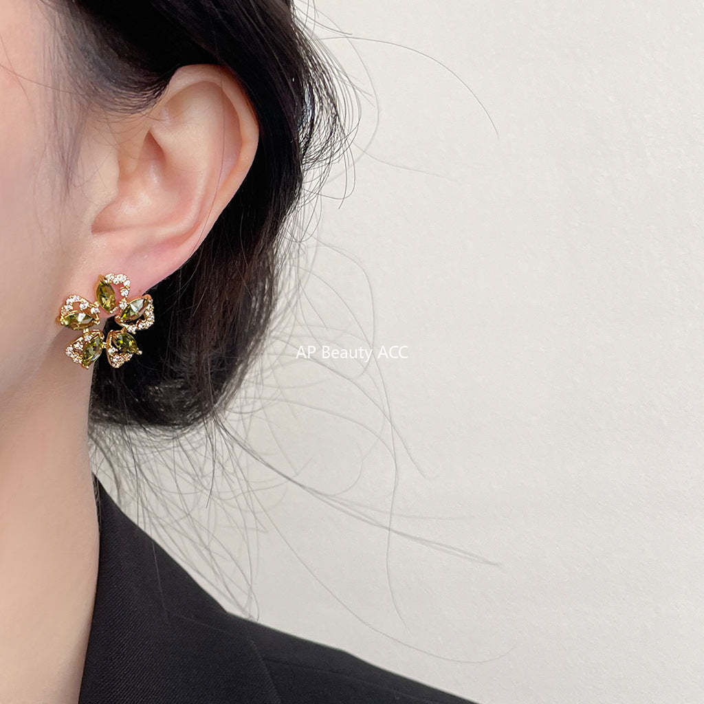 C관 - 올리브 그린 꽃 미니 큐빅 고급스러운 14K 도금 은침 귀걸이 [3766] 24.04-1