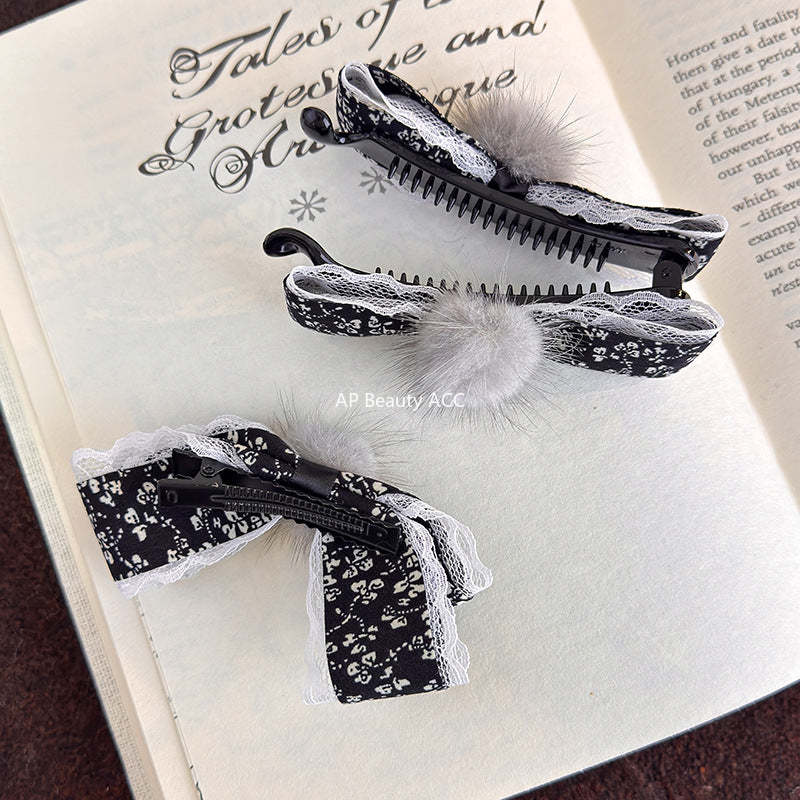 E관 - 플라워 패브릭 리본 퍼 볼 집게핀 [27774] 25.12-2