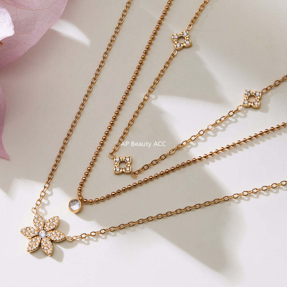 D관 - 스테인리스 스틸 플라워 풀큐빅 더블 레이어드 팔찌 목걸이 [TXP492] 25.11-4