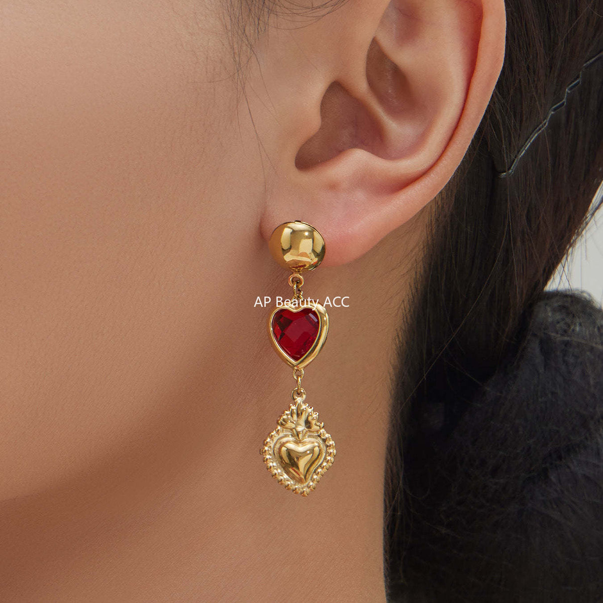 D관 - 스테인리스 스틸 하트 글라스 스톤 큐빅 18K도금 귀걸이 목걸이 [TXF507] 25.12-1