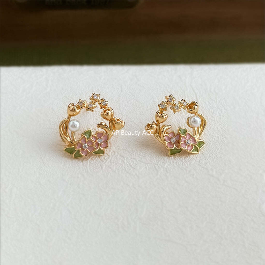 C관 - 925 은침 14K 도금 핸드페인팅 큐빅 진주 플라워 귀걸이 [6961] 25.10-4