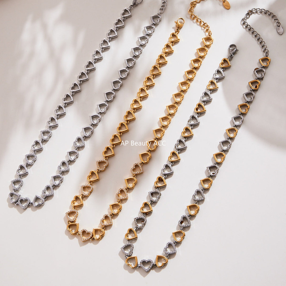 D관 - 18K 골드 도금 스테인리스 스틸 하트 큐빅 핸드메이드 체인 목걸이 팔찌 [TXP417] 25.10-1