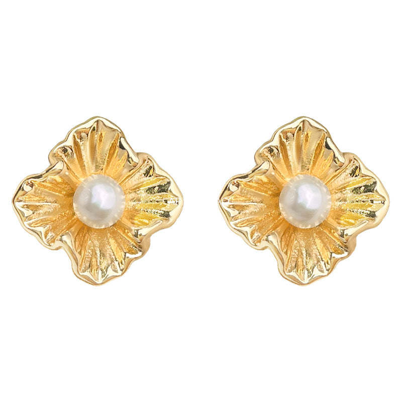 C관 - 14K 도금 925 은침 담수 진주 플라워 귀걸이 [5594] 25.02-3