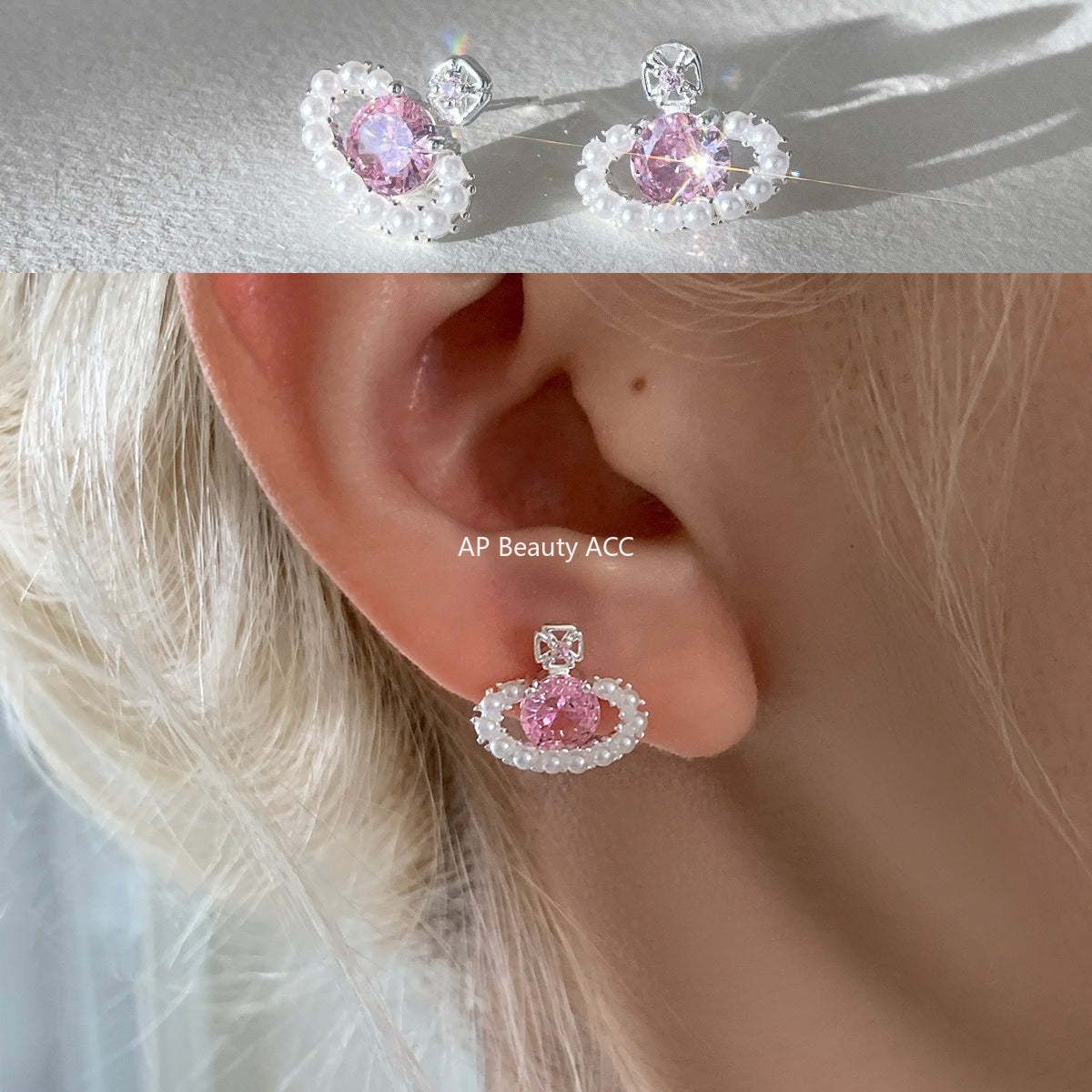 A관 - 핑크 큐빅 볼 디자인 진주 귀걸이 [EH-4313] 25.12-3