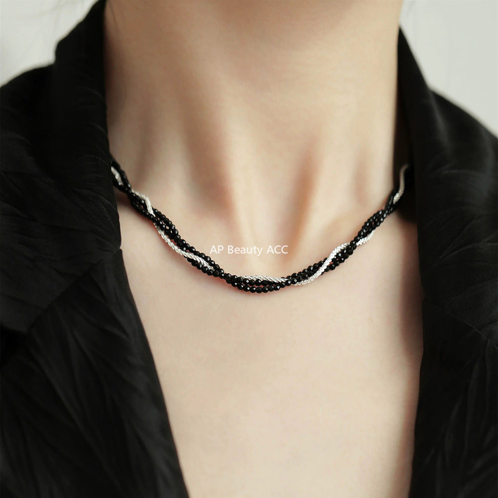 A관 - 925 실버 블랙 스피넬 조각 실버 트리플 레이어 목걸이 [XG40] 25.10-3