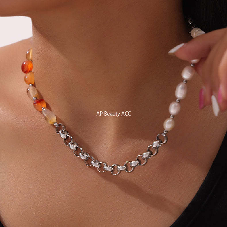 D관 - 티타늄 스틸 진주와 천연석 비즈 18K 도금 목걸이 [P1986] 24.05-2