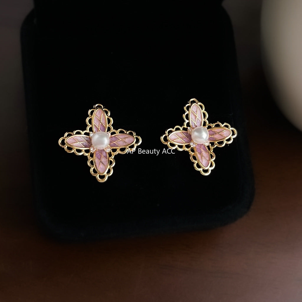 C관 - 925 은침 핑크 레이스 플라워 진주 귀걸이 [6864] 25.10-1