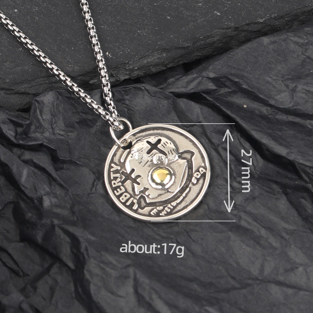 G관 - 빈티지 실버색 조커 스마일 원형 펜던트 목걸이 [X1203] 25.10-2