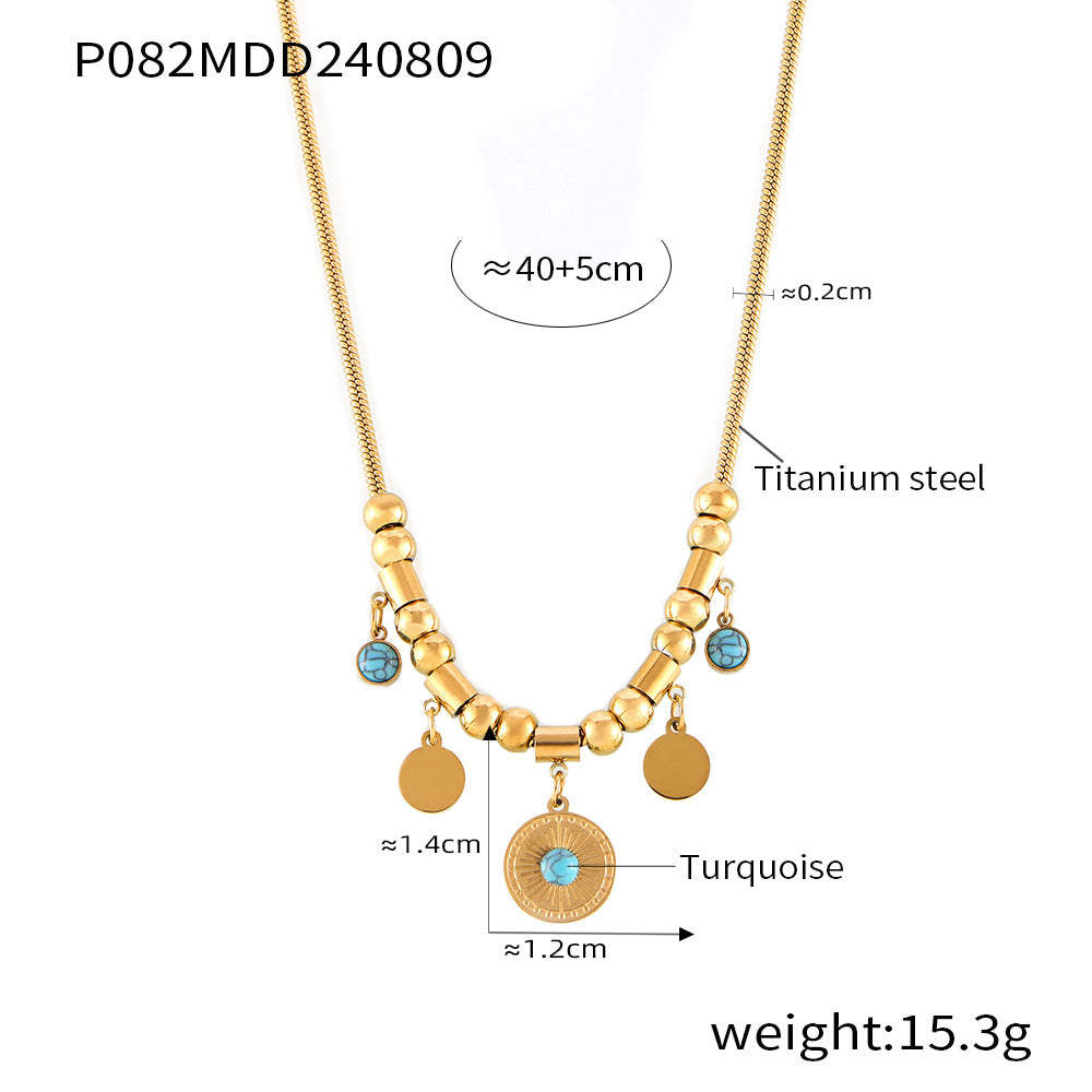 D관 - 유니크 블루 터쿼이즈 라운드 펜던트 티타늄 스틸 18K 도금 팔찌 목걸이 [TXP082-TXE082] 24.08-3