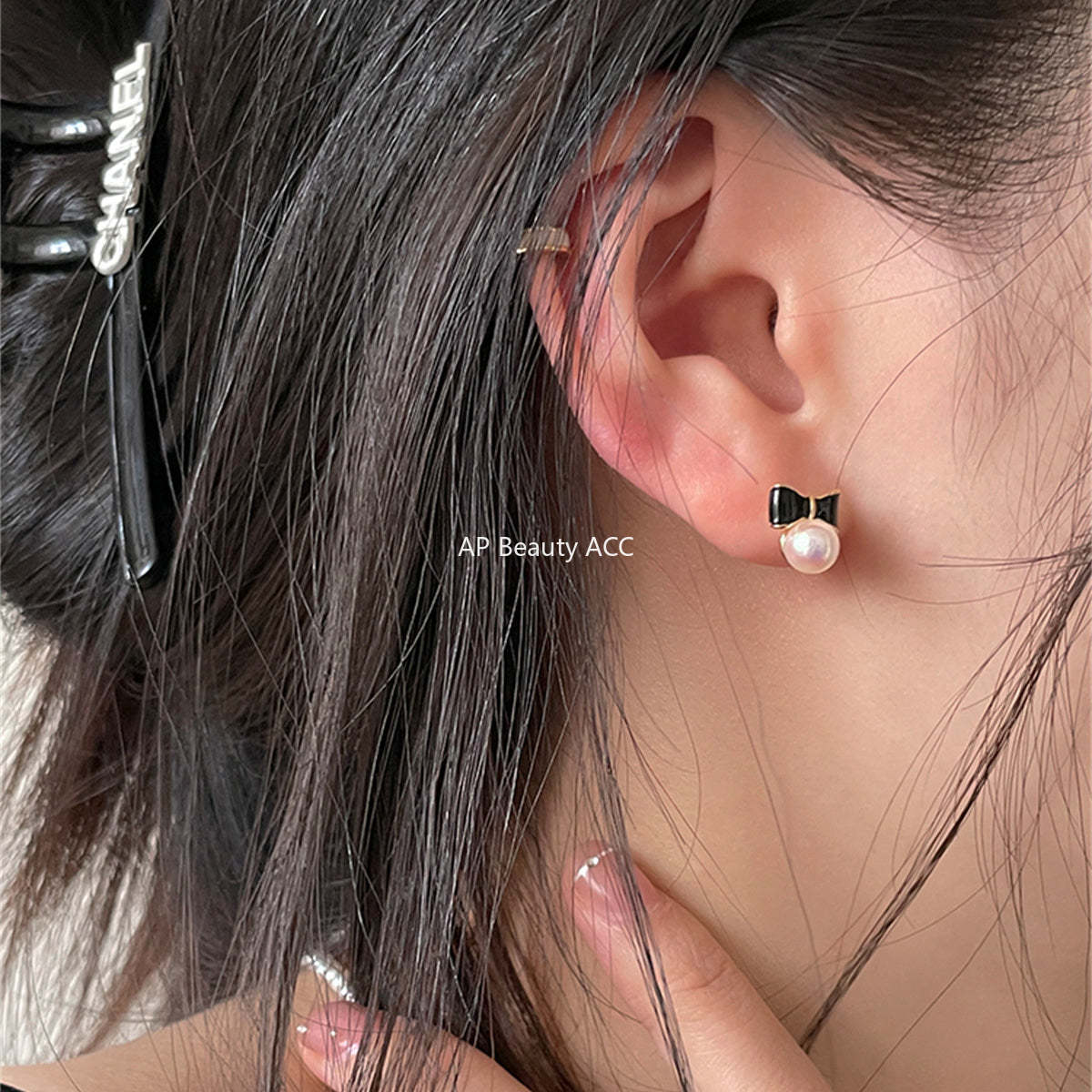 A관 - 925 은침 블랙 오일 코팅 리본 진주 귀걸이 [EH-2790] 24.04-3