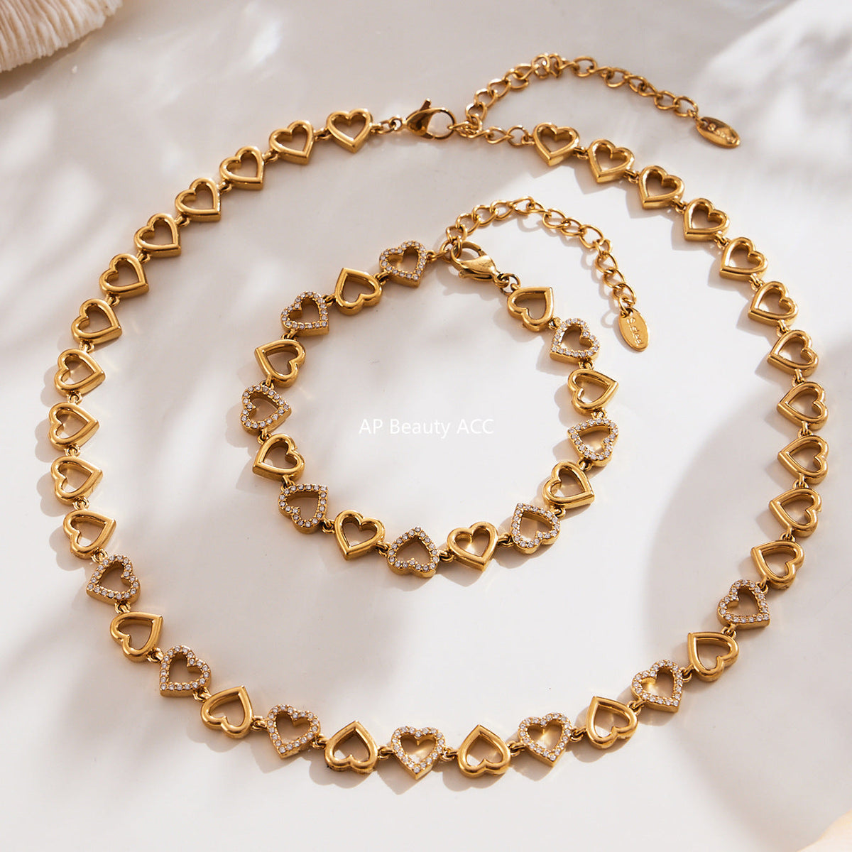 D관 - 18K 골드 도금 스테인리스 스틸 하트 큐빅 핸드메이드 체인 목걸이 팔찌 [TXP417] 25.10-1