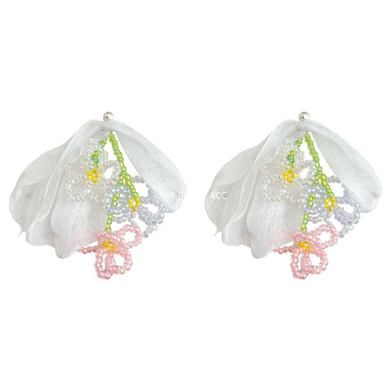 C관 - 롱 드롭 태슬 비즈 플라워 패브릭 은침 귀걸이 [5579] 25.03-2