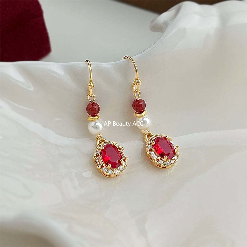 C관 - 풀큐빅 홍마노 진주 롱 드롭 핸드메이드 귀걸이 [7028] 25.11-1