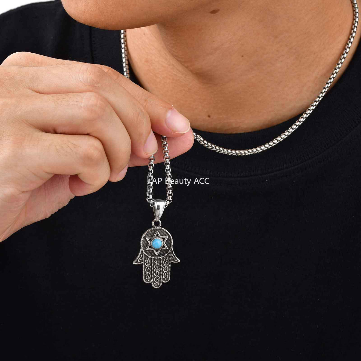 G관 - 스테인리스 터키석 파티마의 손 함사 펜던트 목걸이 [PN-2232] 25.11-1