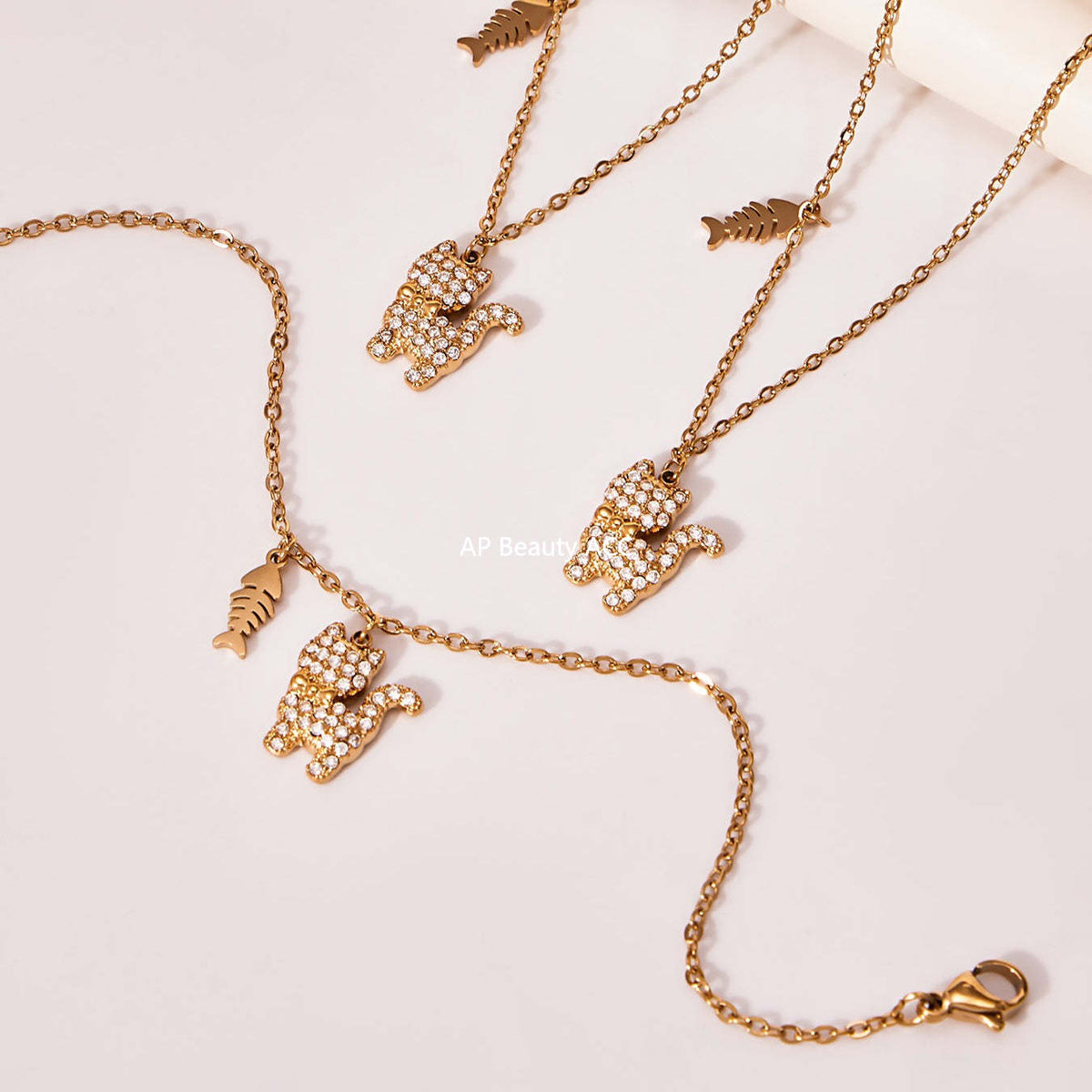 D관 - 고양이 큐빅 펜던트 스테인리스 18K 도금 목걸이 팔찌 [TXP464] 25.11-3