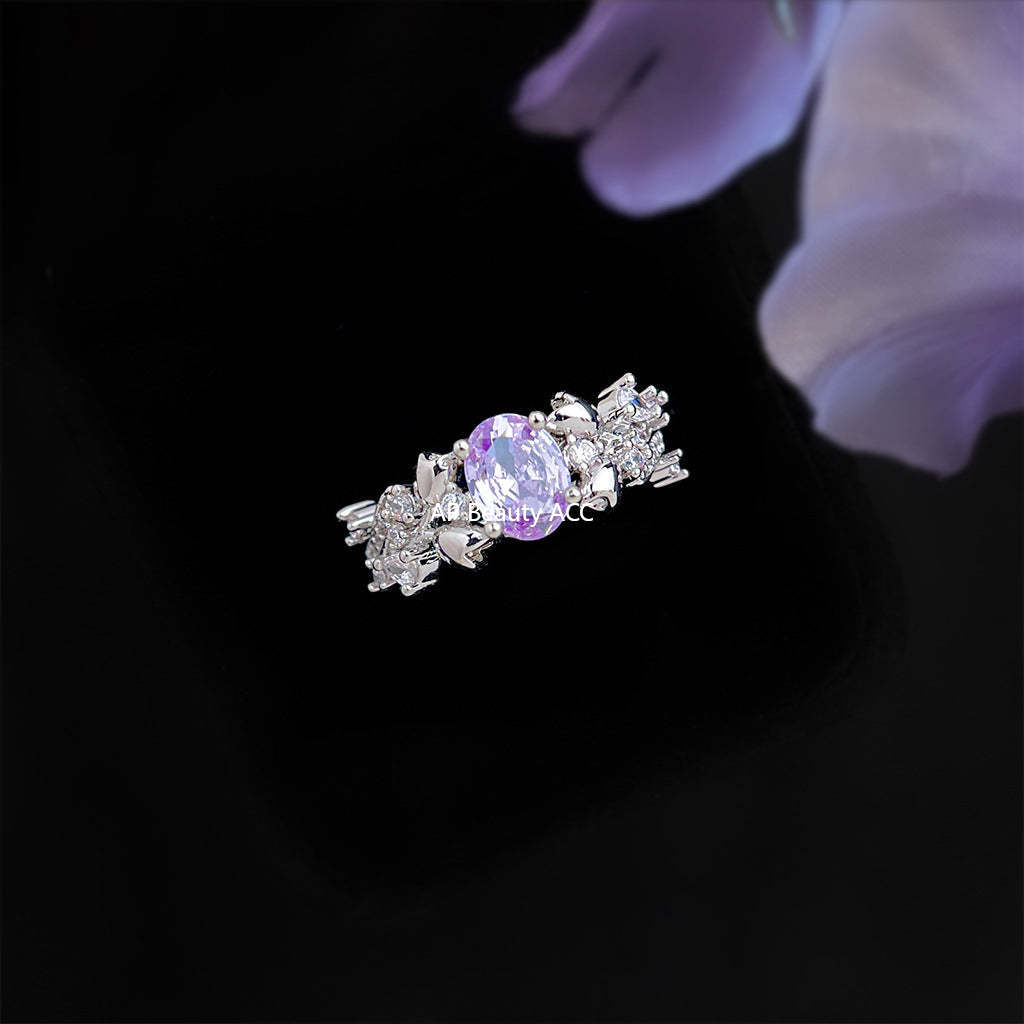 C관 - 화이트골드 도금 퍼플 큐빅 플라워 오픈형 반지 [6945] 25.10-4