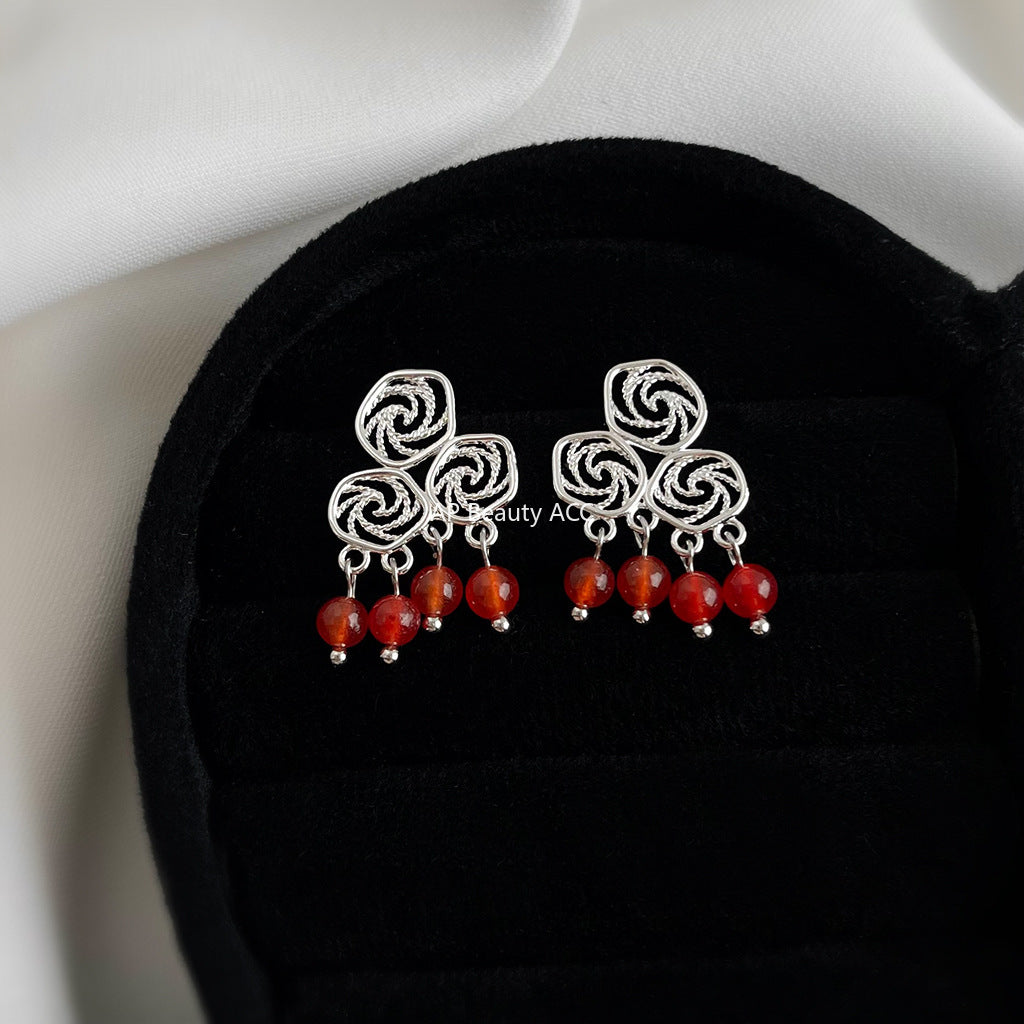 C관 - 925 은침 핸드메이드 구름 디자인 홍마노 귀걸이 [7057] 25.11-2