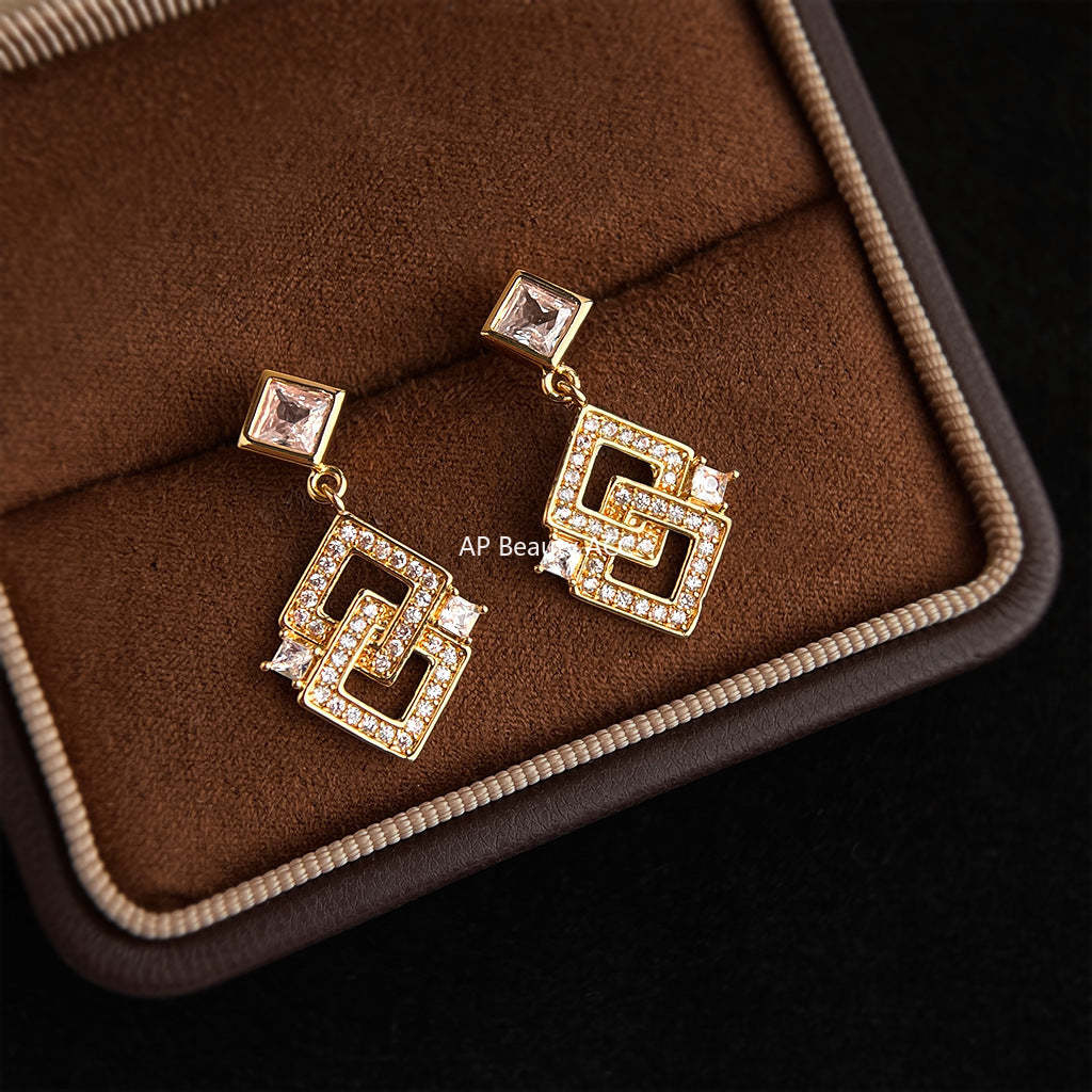 C관 - 더블 사각 큐빅 드롭 925 은침 귀걸이 [7197] 25.12-1