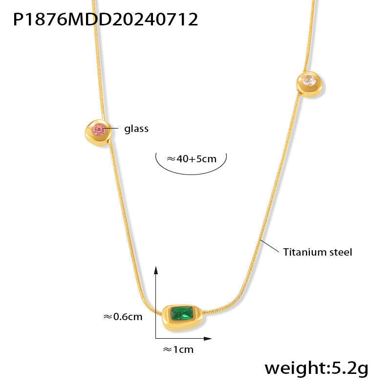 D관 - 티타늄 스틸 18K 도금 삼색 글라스 스톤 펜던트 레이어드 목걸이 [P1876-P1694] 24.07-3