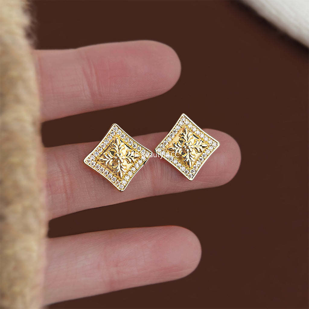 C관 - 925 은침 플라워 큐빅 사각 문양 귀걸이 [7246] 25.12-3