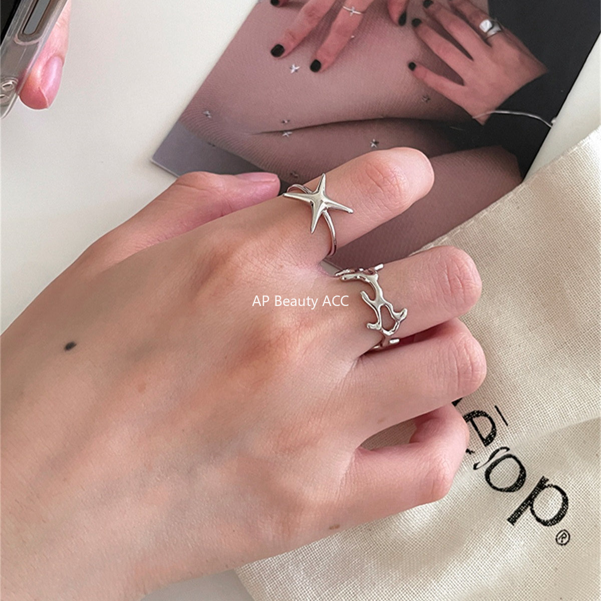 A관 - 925 실버 불규칙 나뭇가지 별 디자인 반지 [JZ-0708] 25.10-3