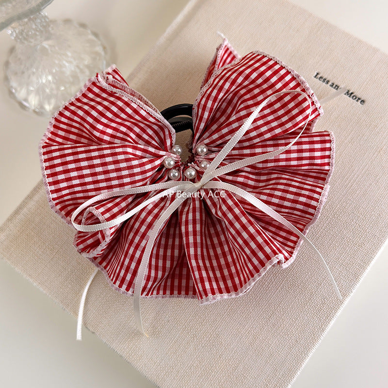 E관 - 체크 러플형 리본 대형 빈티지 집게핀 [27527] 25.10-1