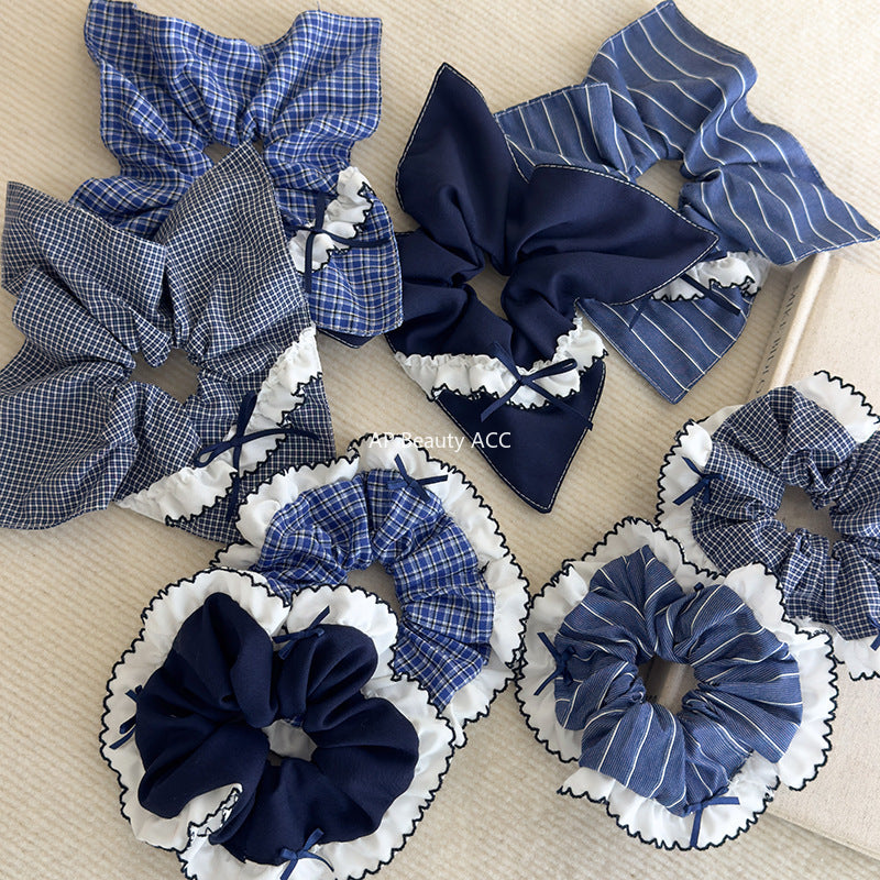 E관 - 블루 체크 패브릭 레이스 리본 곱창 헤어밴드 [26462] 25.10-2