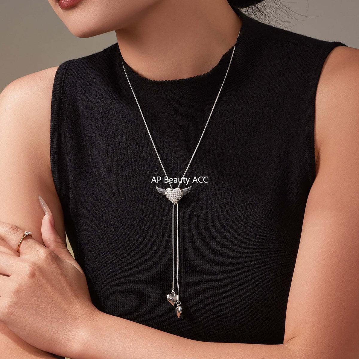 D관 - 큐빅 하트 날개 태슬 조절형 스테인리스 스틸 목걸이 [P1870] 25.11-3