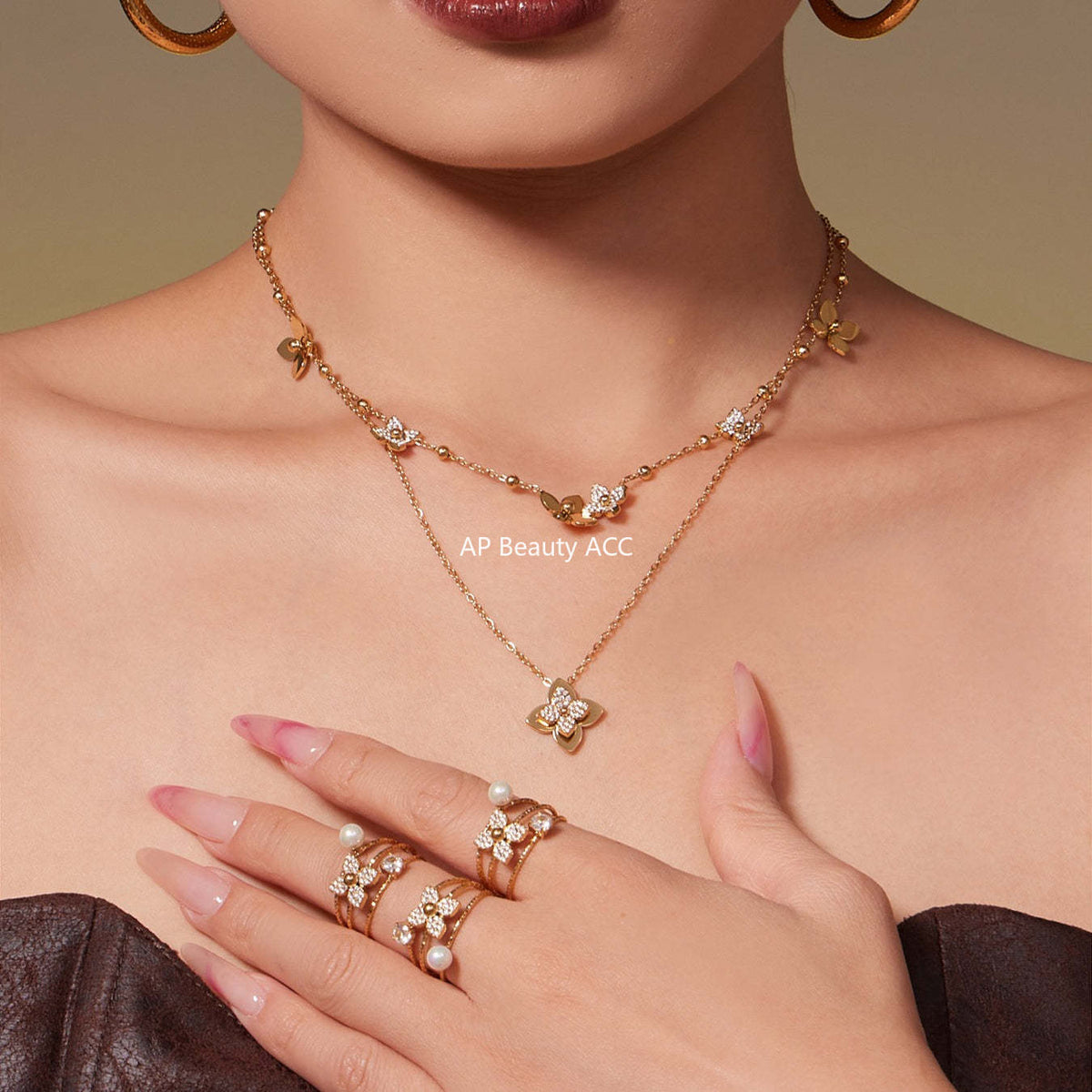 D관 - 스테인리스 스틸 큐빅 플라워 펜던트 목걸이 반지 [TXP489] 25.11-4