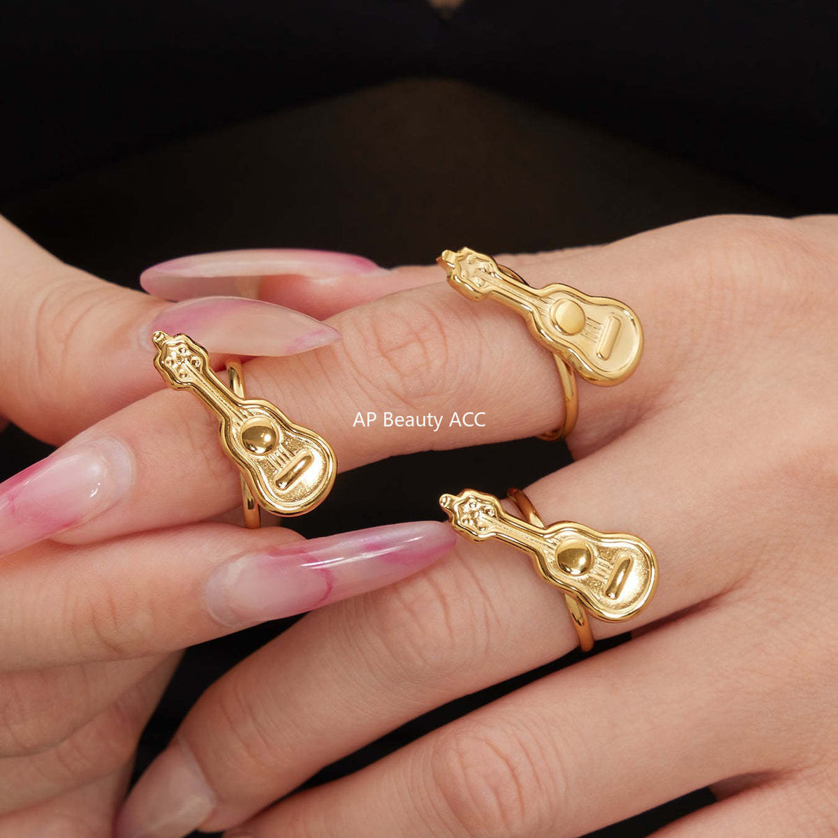 D관 - 스테인리스 스틸 18K 도금 미니 기타 오픈형 반지 [A542] 25.12-3