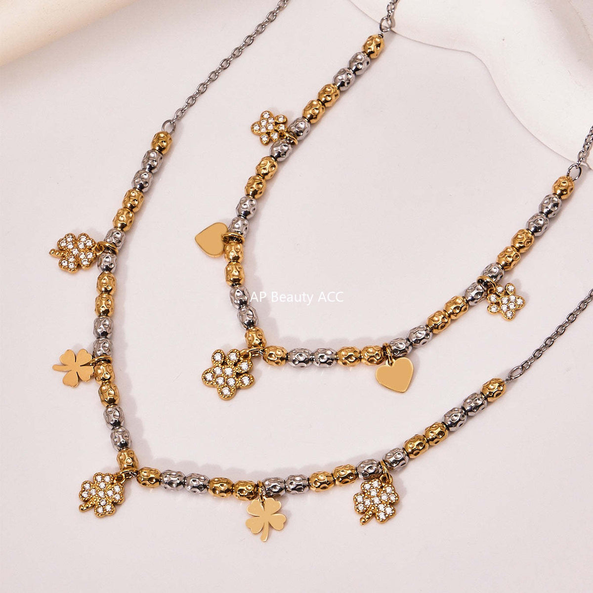 D관 - 스테인리스 투톤 네잎클로버 큐빅 펜던트 18K 도금 목걸이 팔찌 [TXP467-TXE467] 25.11-3