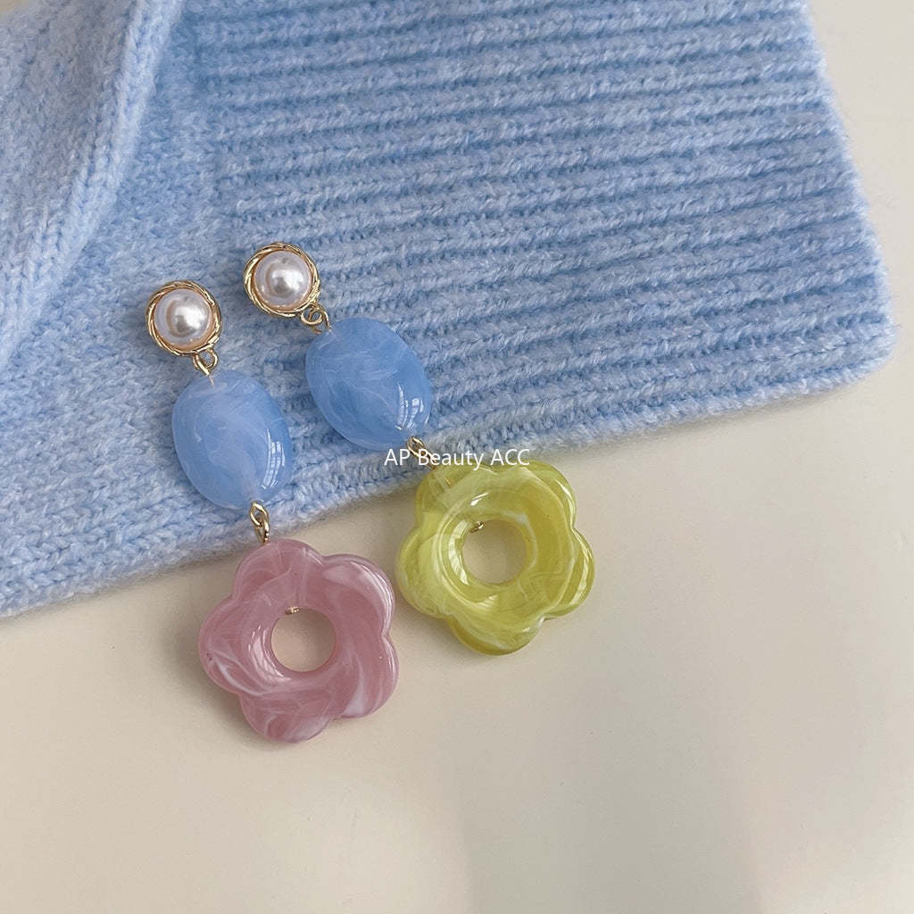 C관 - 상반된 디자인 핸드메이드 꽃 은침 귀걸이 [3728] 24.04-1