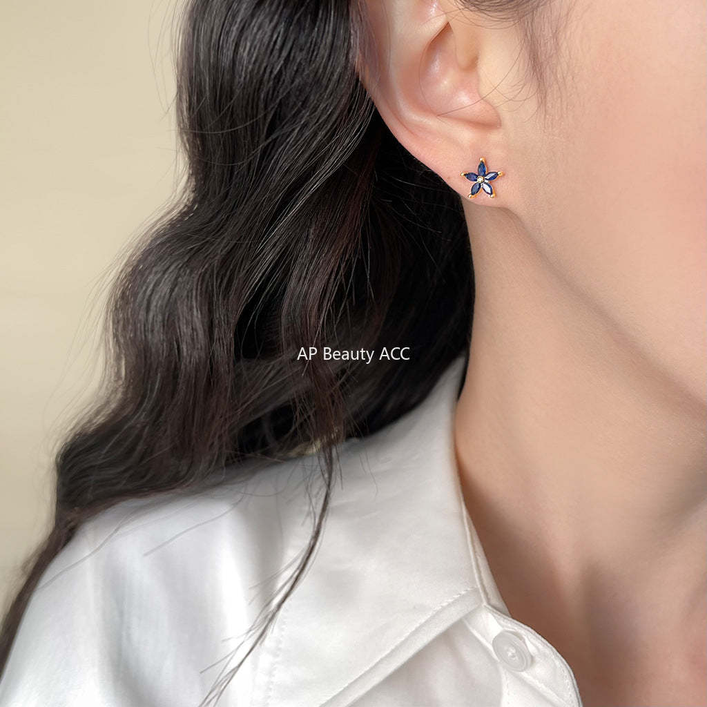C관 - 블루 플라워 큐빅 14K 도금 은침 귀걸이 [5856] 25.04-3