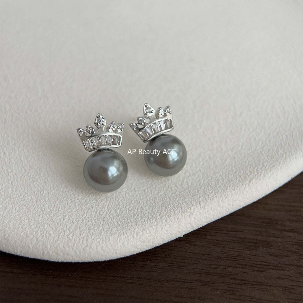 C관 - 고급스러운 글라스 진주 왕관 은침 귀걸이 [3974] 24.05-5