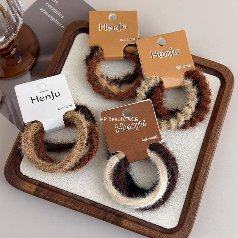 E관 - 퍼 소재 3개 세트 고무줄 머리끈 헤어밴드 [24257] 25.11-3