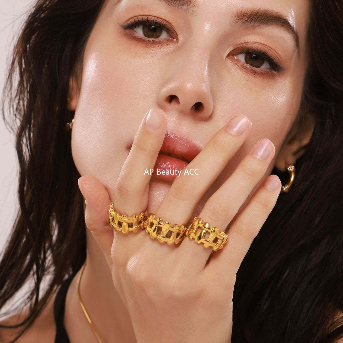 D관 - 체크 패턴 스테인리스 스틸 18K 도금 오픈형 반지 [A137] 25.02-3